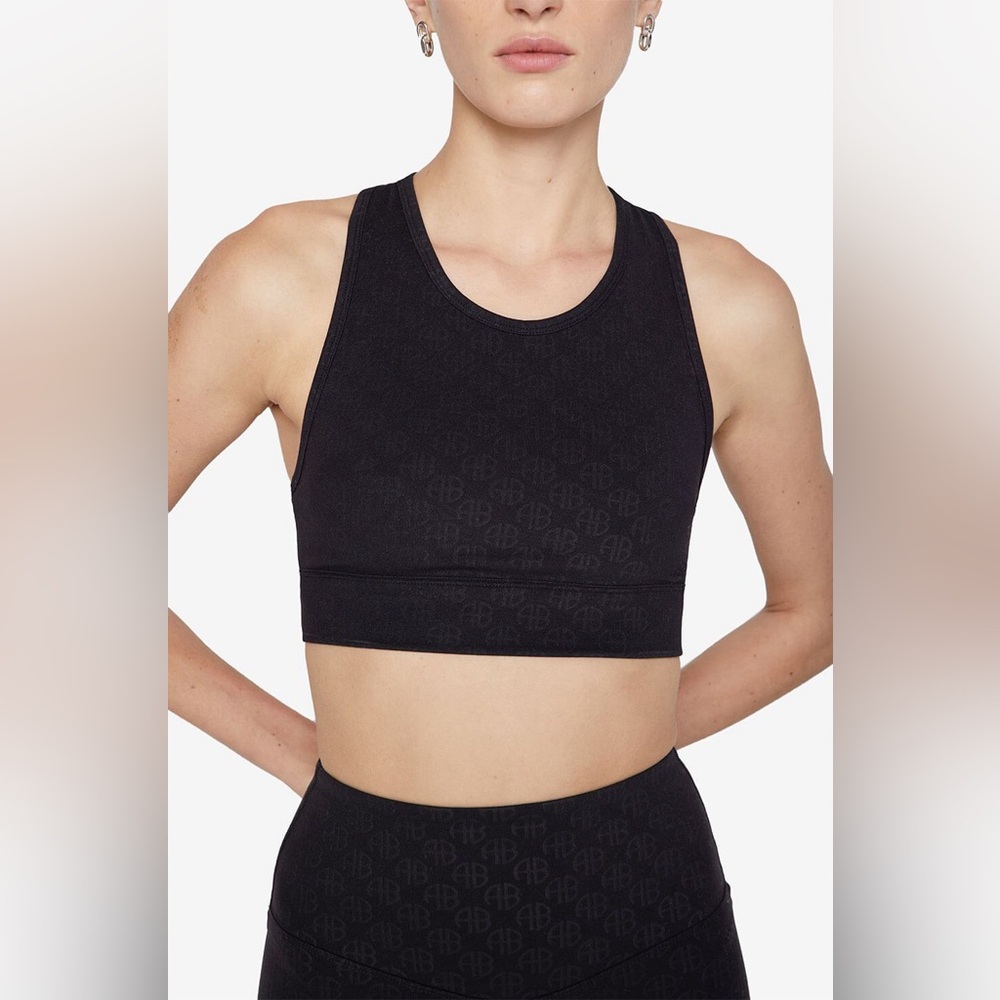 Anine Bing. Blair Bra in Black Monogram Print. Black. Size Medium.